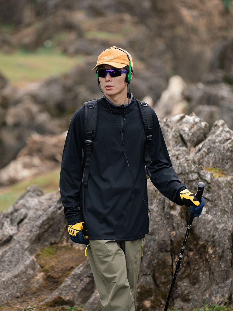 潮牌春季戶外運動防曬速幹長袖T恤衫男跑步登山健身拼接上衣