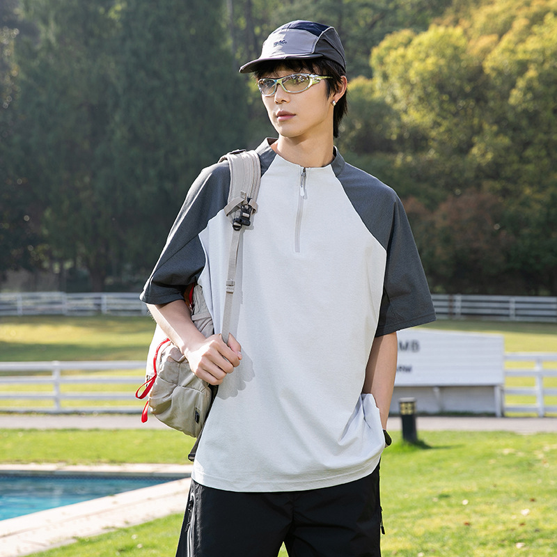 潮牌戶外運動防曬速幹短袖T恤男半開拉鍊拼接情侶款寬鬆上衣
