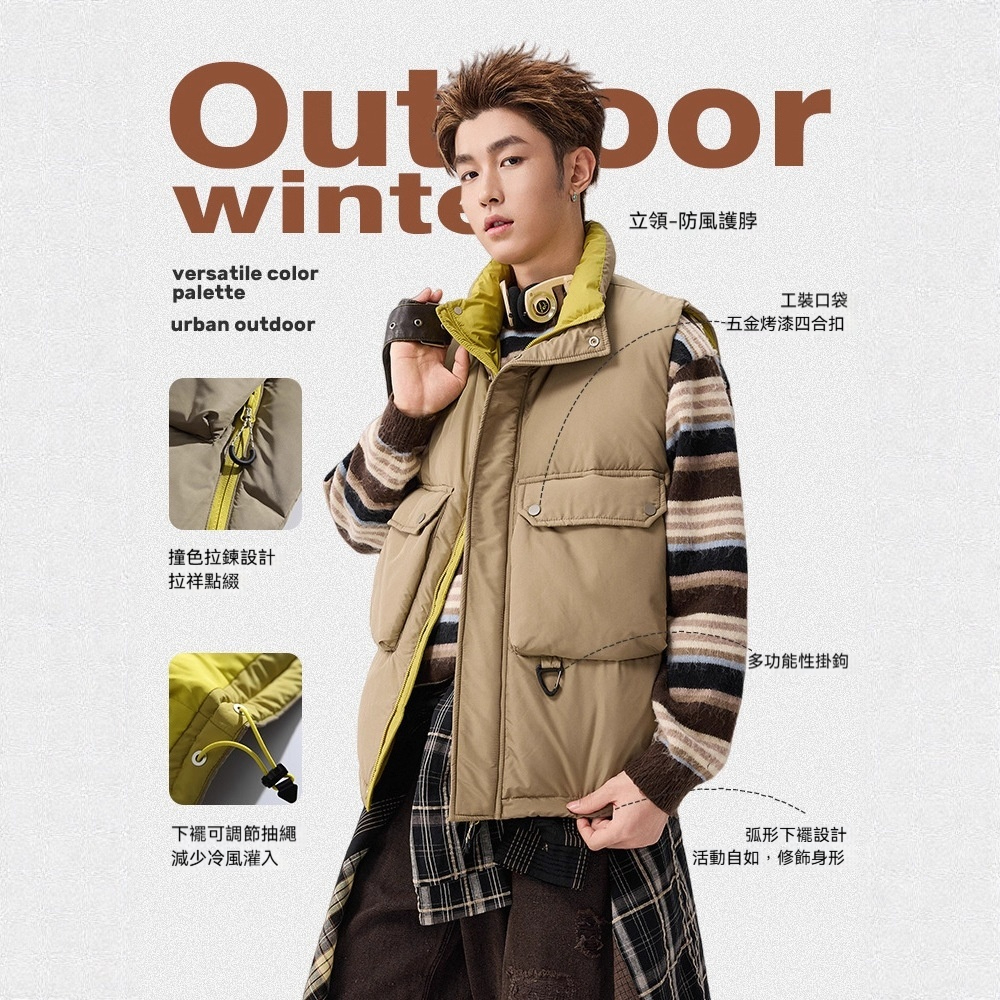 潮牌戶外美式羽絨服馬甲男女款加厚立領多口袋工裝無袖上衣