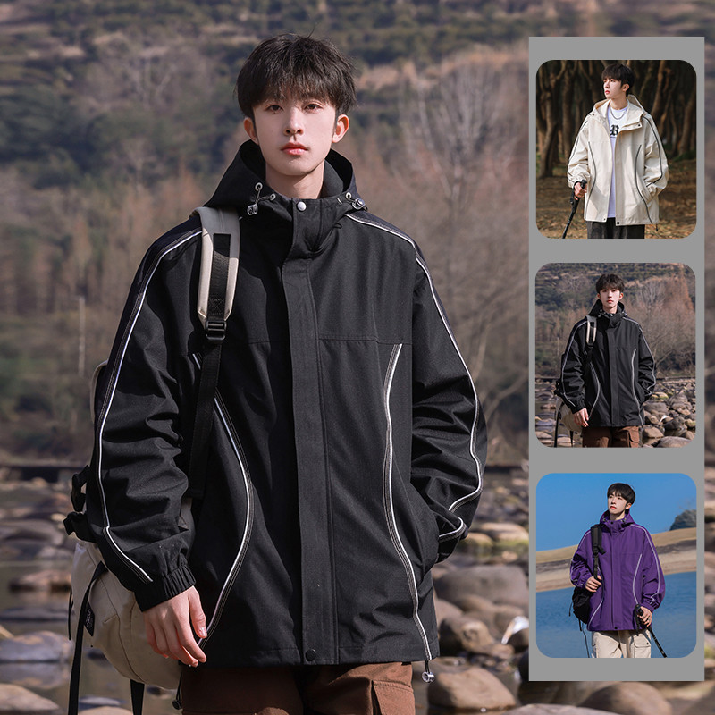 潮牌雙層連帽夾克外套高街立領夾克防風衝鋒衣休閒外套男