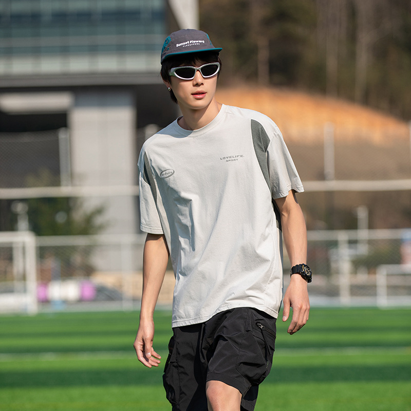 潮牌夏季拼接戶外運動短袖男防曬輕薄冰絲防紫外線寬鬆T恤
