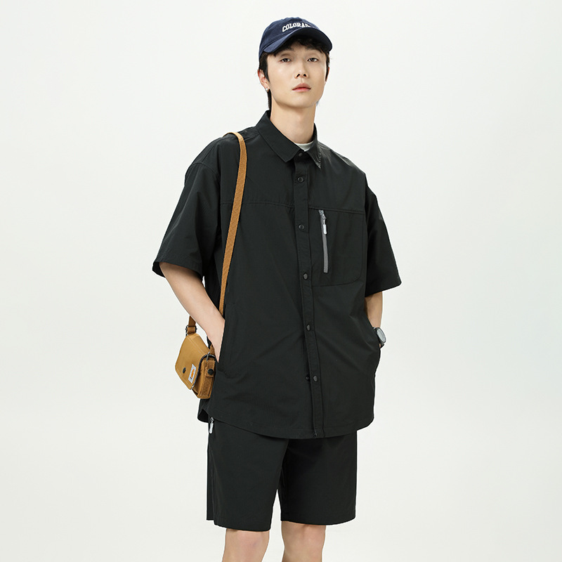 潮牌夏季戶外藍岐風短袖襯衫男寬鬆翻領T恤休閒情侶短褲套裝
