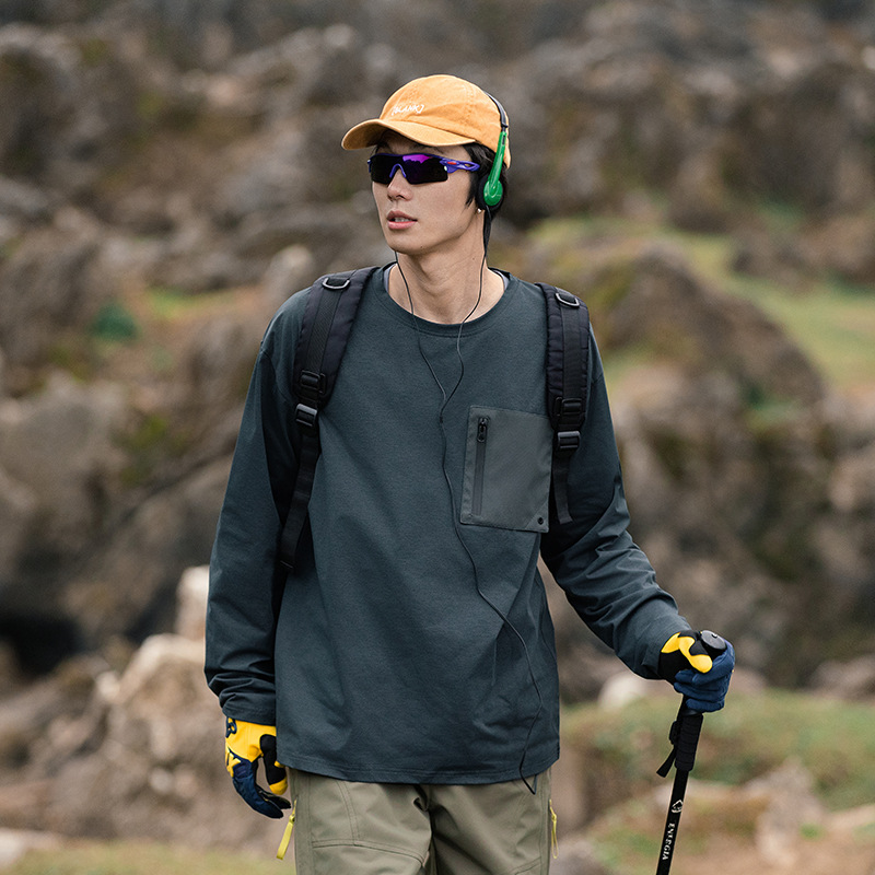 潮牌戶外山系機能風上衣T恤吸汗速幹輕量抗皺長袖圓領衣服男