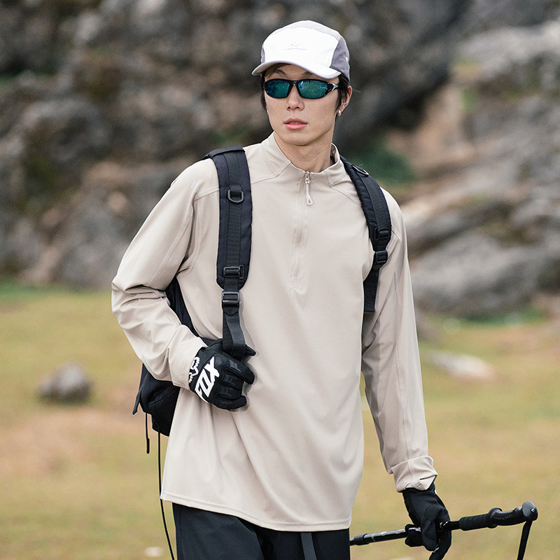 潮牌戶外運動速乾長袖T恤男半開拉鍊健身跑步寬鬆上衣打底衫