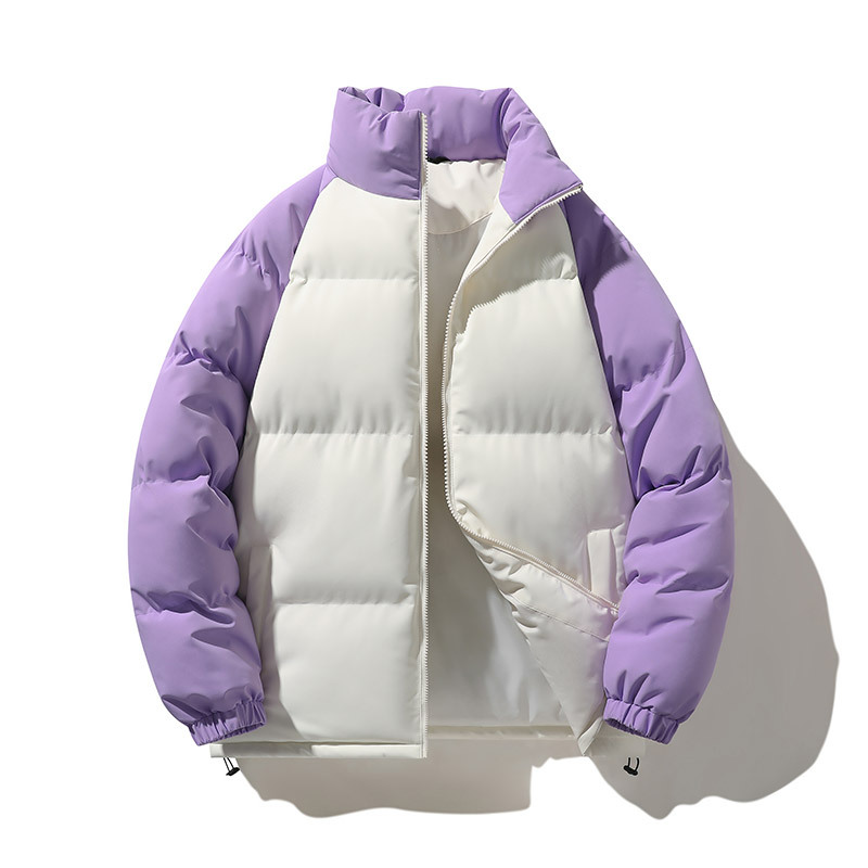 潮牌秋冬保暖拼接棉衣男女寬鬆立領拉鍊麪包服情侶防風外套