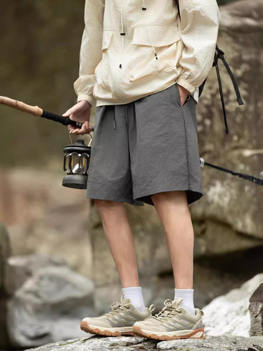 夏季復古防水純色運動冰絲短褲男潮牌寬鬆闊腿休閒五分褲子