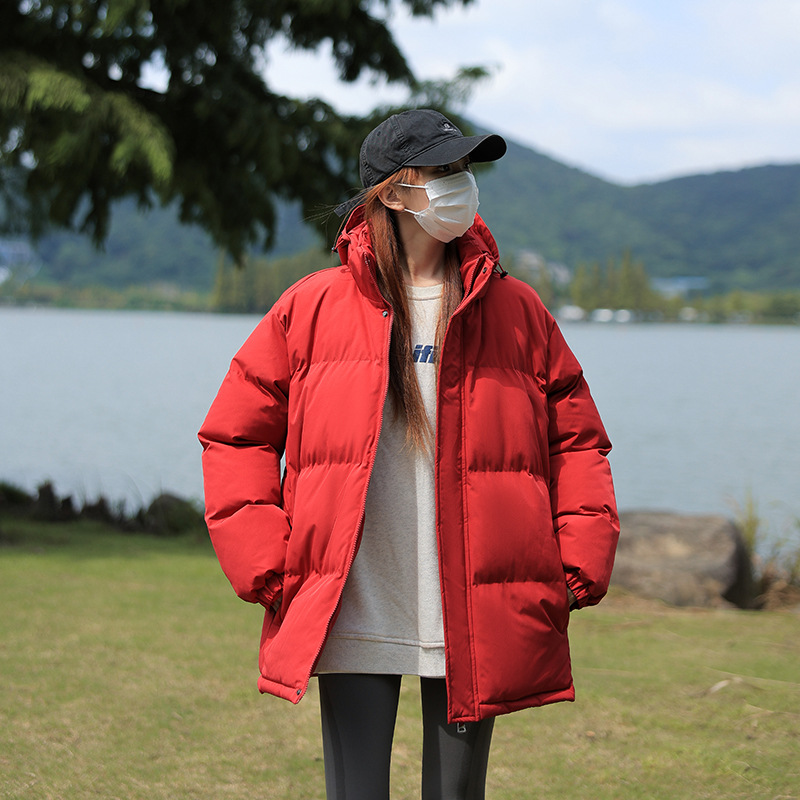 潮牌冬季紅色加厚棉服男保暖寬鬆連帽情侶款韓版麵包服外套