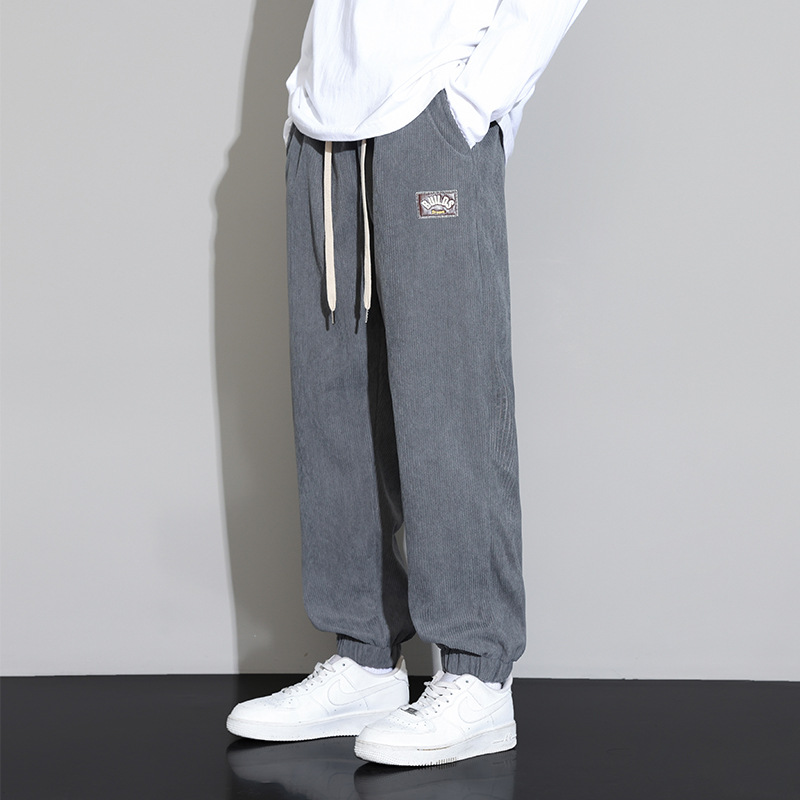 IZEXX美式闊腿束腳燈芯絨衛褲男秋季新款抽繩寬鬆男生休閒運動褲