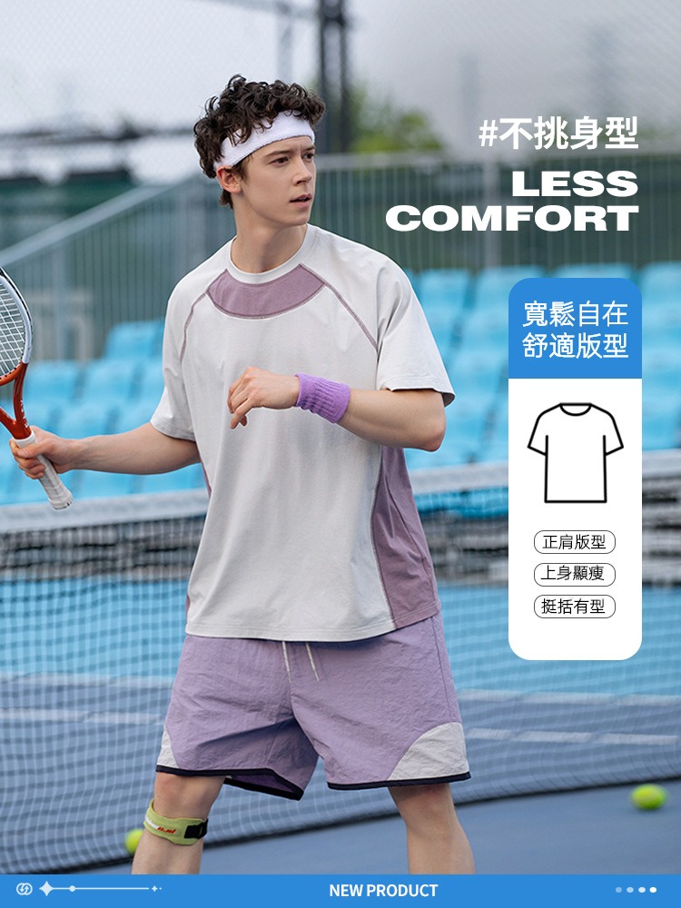 潮牌夏季拼接速幹短袖套裝男圓領吸溼排汗健身運動T恤五分褲