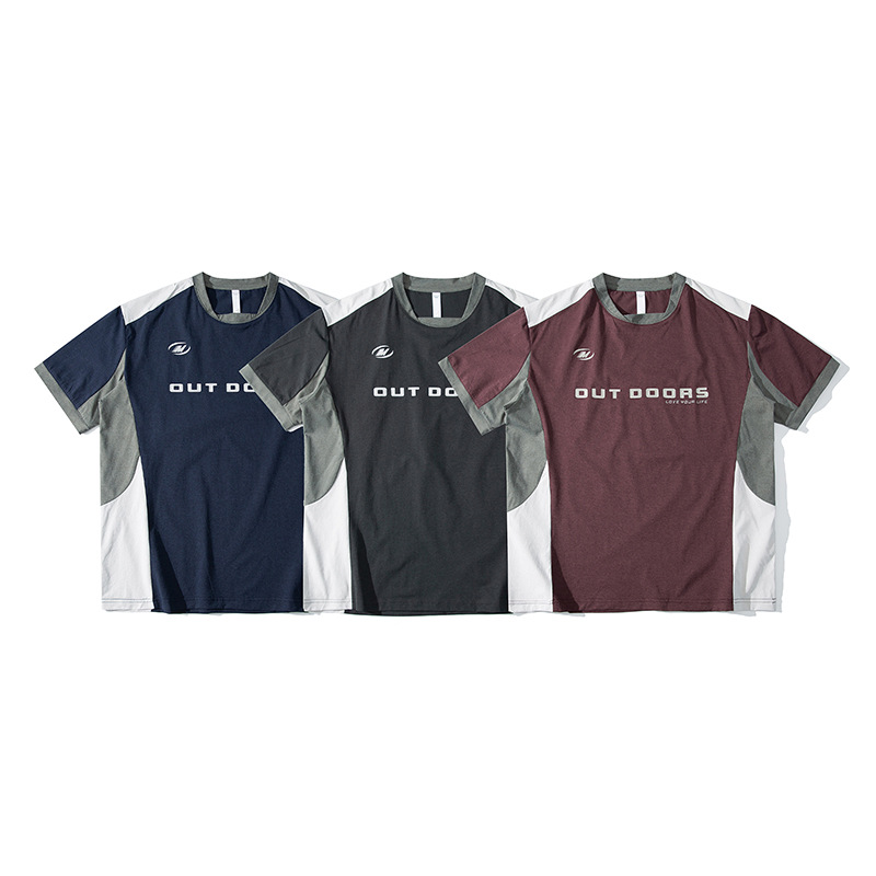 潮牌夏季通勤短袖T恤男運動速乾撞色拼接寬鬆休閒情侶上衣