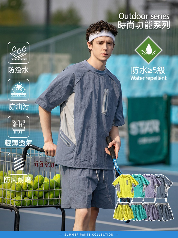 潮牌夏季戶外三防運動短袖短褲套裝男多口袋輕薄圓領T恤上衣