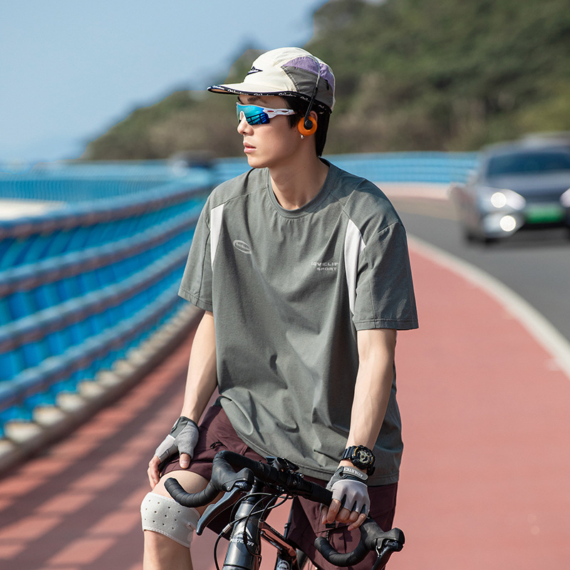 潮牌戶外夏季運動短袖T恤城市通勤速乾寬鬆休閒撞色拼接上衣