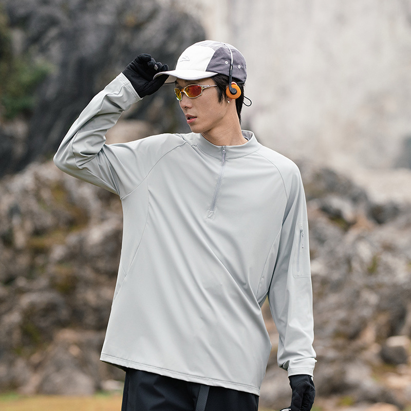 潮牌春季都市通勤半開拉鍊長袖T恤輕薄速乾彈力抗皺防曬上衣