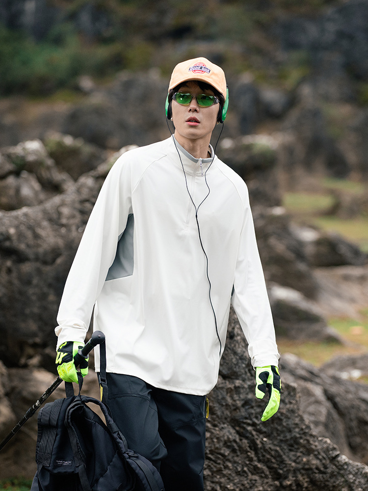 潮牌春季戶外運動防曬速幹長袖T恤衫男跑步登山健身拼接上衣