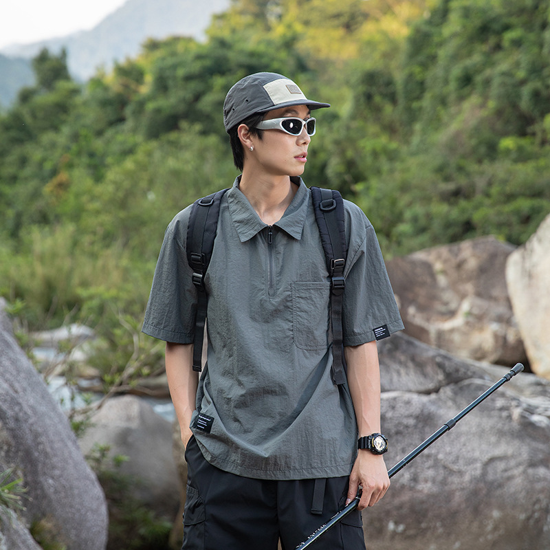 潮牌復古山系戶外機能戶外半拉鍊短袖T恤男防曬寬鬆速幹上衣