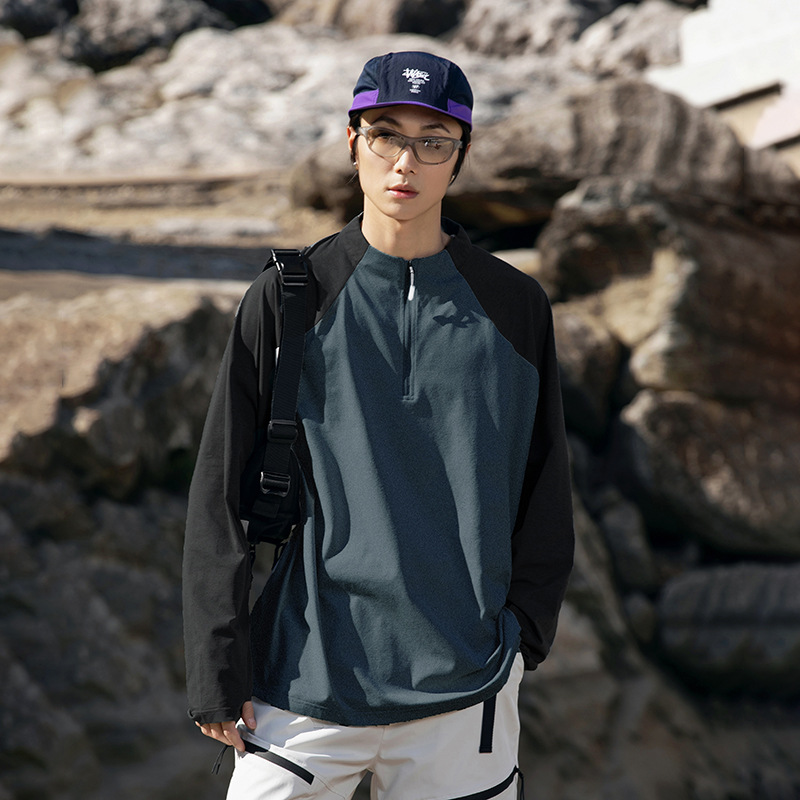 潮牌戶外運動防曬速幹短袖T恤男半開拉鍊拼接情侶款寬鬆上衣