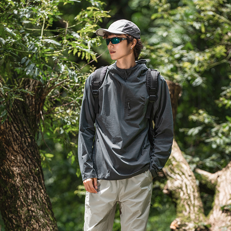 潮牌山系戶外運動長袖T恤男吸溼速幹抗紫外線拉鍊連帽登山服