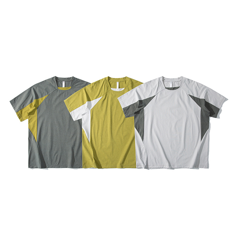 潮牌春夏新款撞色拼接圓領短袖T恤男戶外運動寬鬆休閒上衣