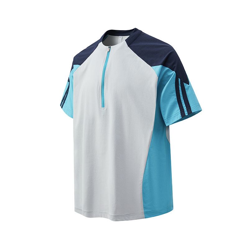 潮牌夏季拼接速幹短袖套裝男半開拉鍊吸溼運動情侶款短褲T恤
