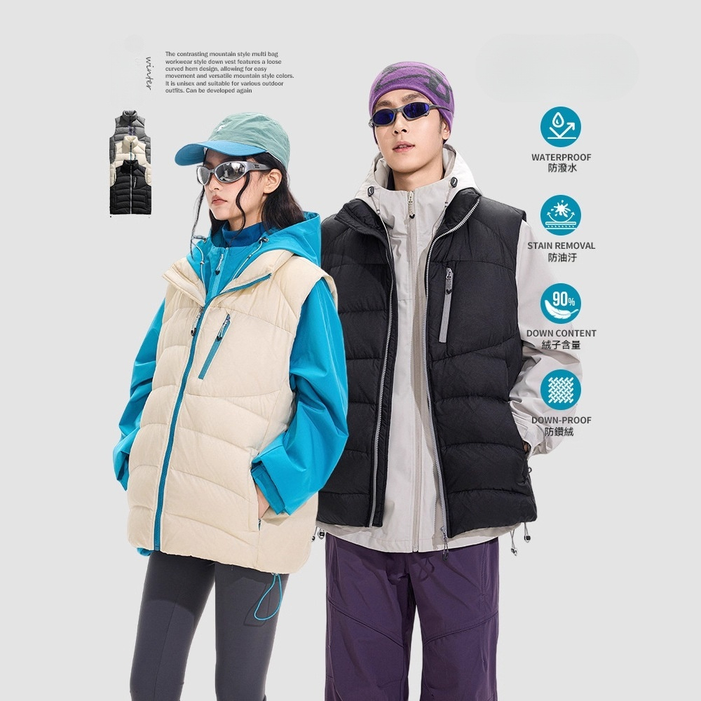 潮牌戶外雪中同款羽絨馬甲男女款90白鴨絨加厚防水工裝馬甲