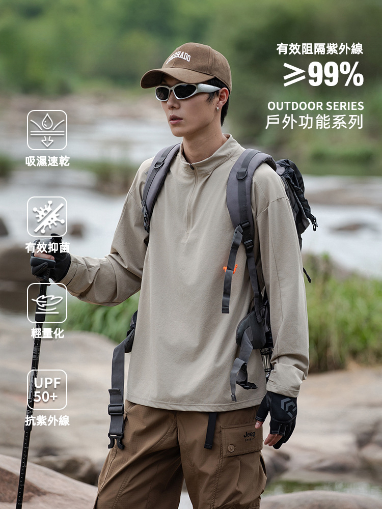 戶外輕薄防曬吸溼速幹健身運動長袖T恤抗菌半高領上衣男款