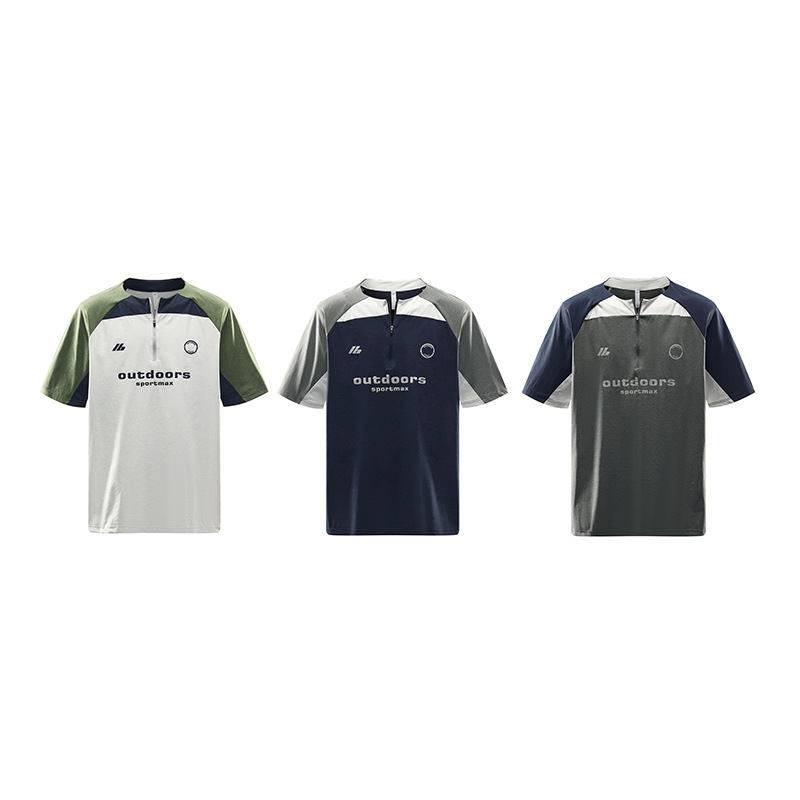 潮牌夏季無領運動短袖男拼接防曬吸溼排汗防紫外線冰絲T恤