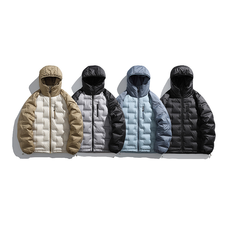潮牌戶外防風連帽輕薄羽絨服男女款拼接防潑水保暖加厚外套