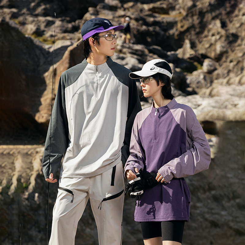 潮牌戶外運動速乾長袖T恤男半開拉鍊拼接通勤情侶款寬鬆上衣