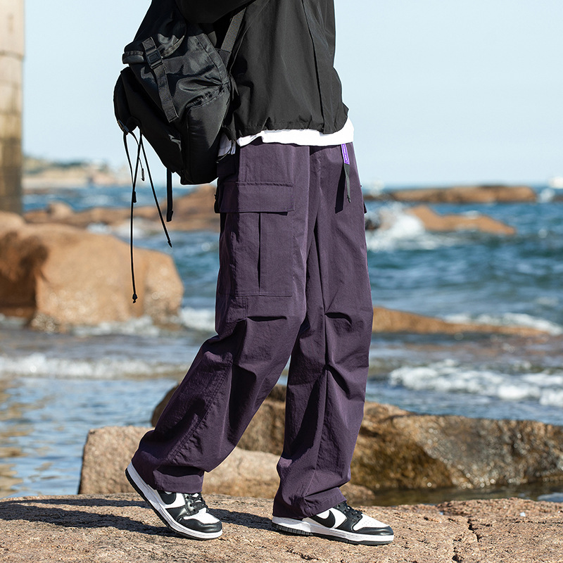 美式機能工裝褲傘兵褶皺闊腿褲男寬鬆直筒休閒復古工裝風