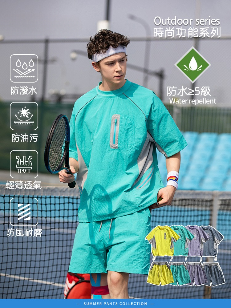 潮牌夏季戶外三防運動短袖短褲套裝男多口袋輕薄圓領T恤上衣