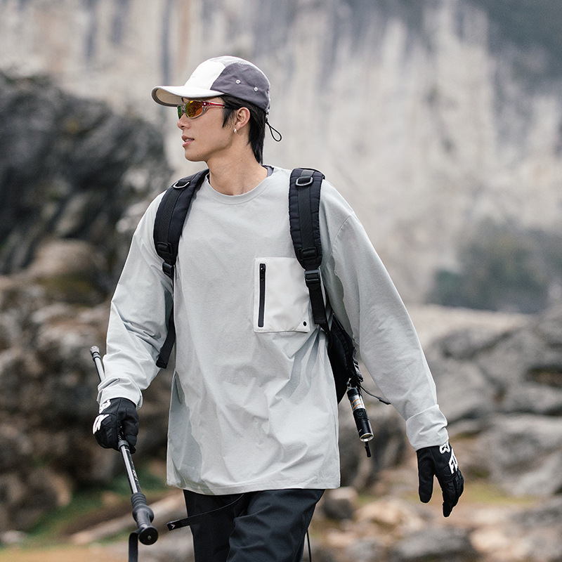 潮牌戶外山系機能風上衣T恤吸汗速幹輕量抗皺長袖圓領衣服男