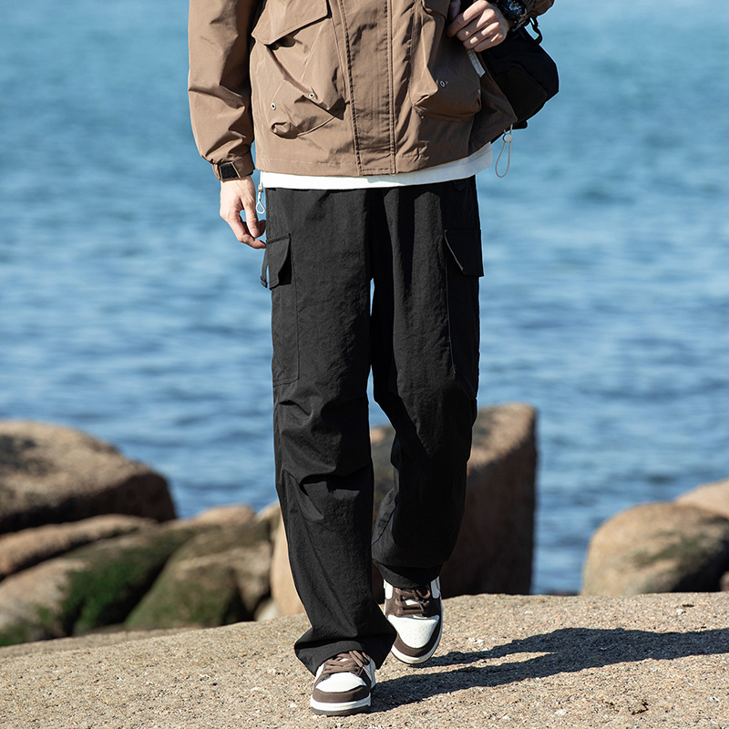 美式機能工裝褲傘兵褶皺闊腿褲男寬鬆直筒休閒復古工裝風