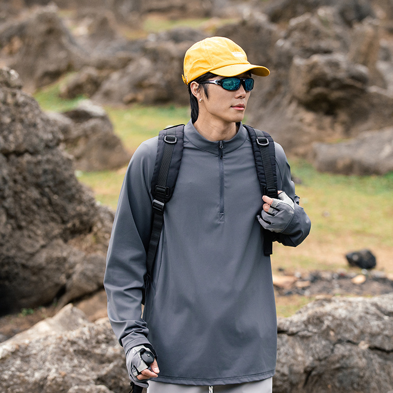 潮牌春季都市通勤半開拉鍊長袖T恤輕薄速乾彈力抗皺防曬上衣