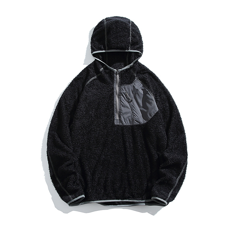 潮牌戶外連帽衛衣男抓絨鎖溫美式秋季拼接口袋情侶套頭帽衫