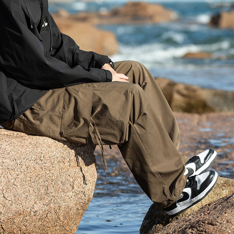 美式高街傘兵褲男多口袋工裝褲針織闊腿褲情侶款休閒褲潮流