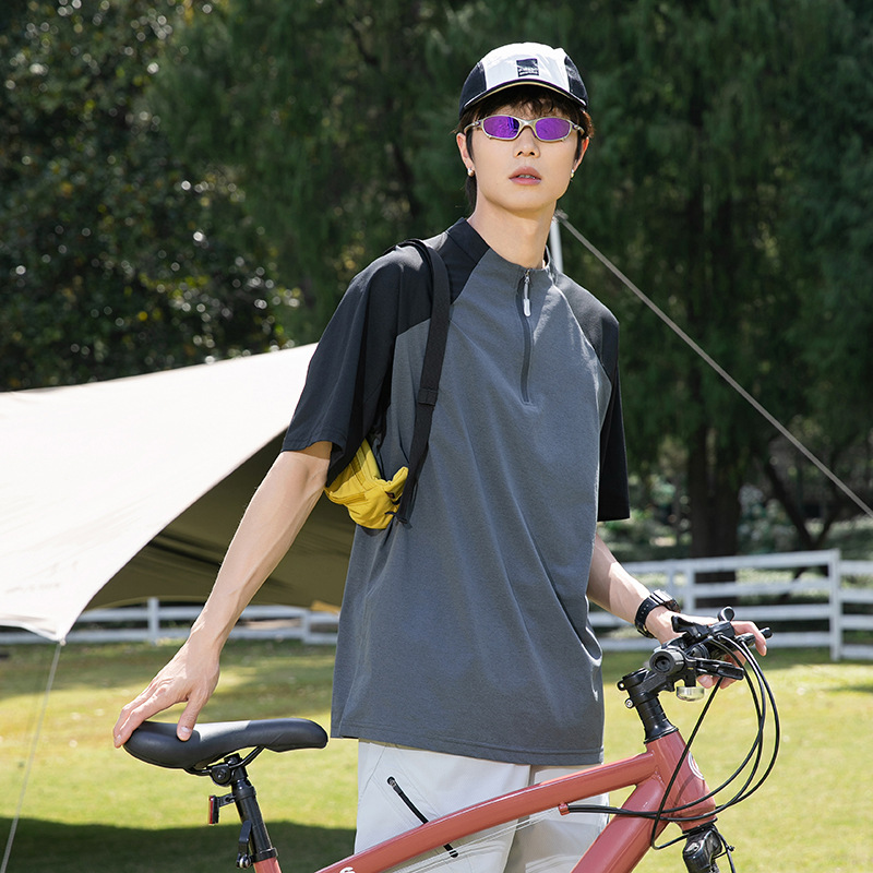 潮牌戶外運動防曬速幹短袖T恤男半開拉鍊拼接情侶款寬鬆上衣