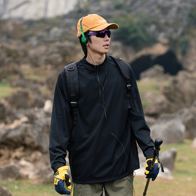 潮牌春季都市通勤半開拉鍊長袖T恤輕薄速乾彈力抗皺防曬上衣