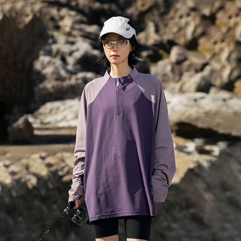 潮牌戶外運動防曬速幹短袖T恤男半開拉鍊拼接情侶款寬鬆上衣