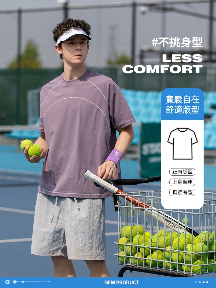 潮牌夏季線條設計速幹短袖T恤短褲套裝男圓領情侶運動五分褲