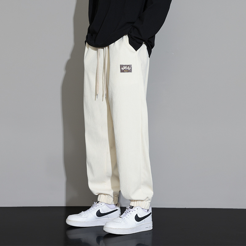 IZEXX美式闊腿束腳燈芯絨衛褲男秋季新款抽繩寬鬆男生休閒運動褲