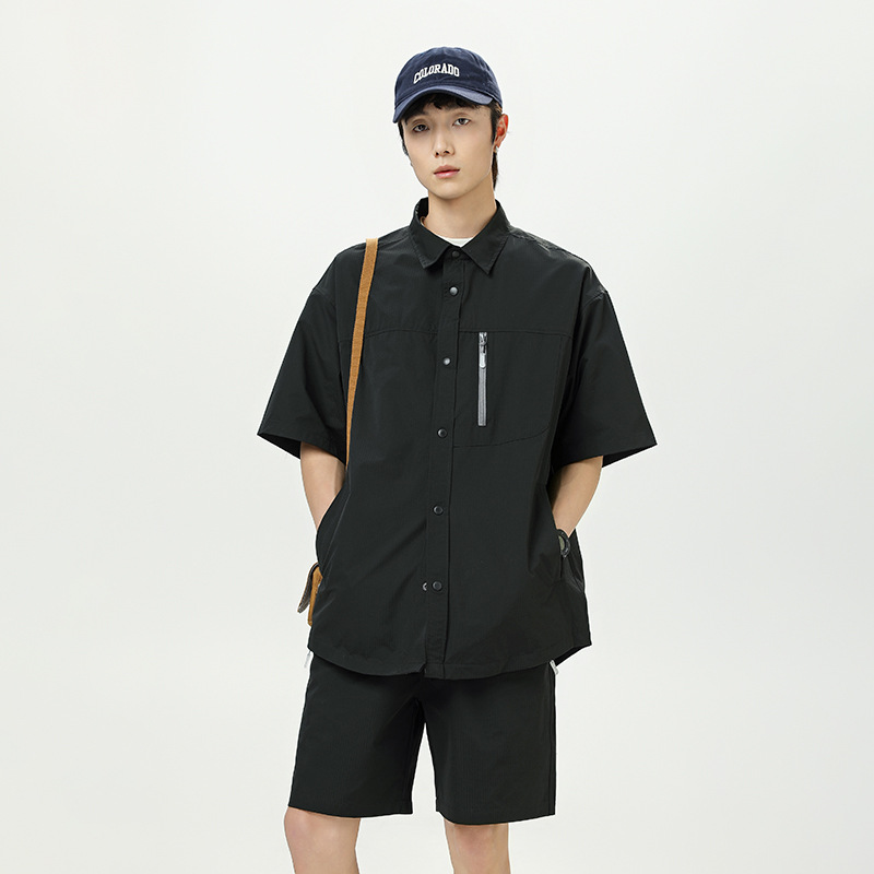 潮牌夏季戶外藍岐風短袖襯衫男寬鬆翻領T恤休閒情侶短褲套裝