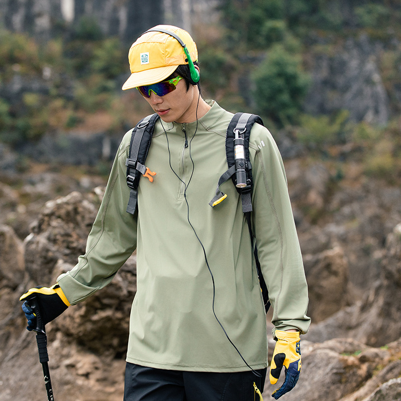 潮牌戶外運動速乾長袖T恤男半開拉鍊健身跑步寬鬆上衣打底衫