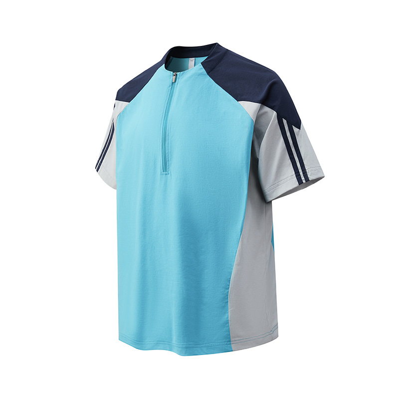 潮牌夏季拼接速幹短袖套裝男半開拉鍊吸溼運動情侶款短褲T恤