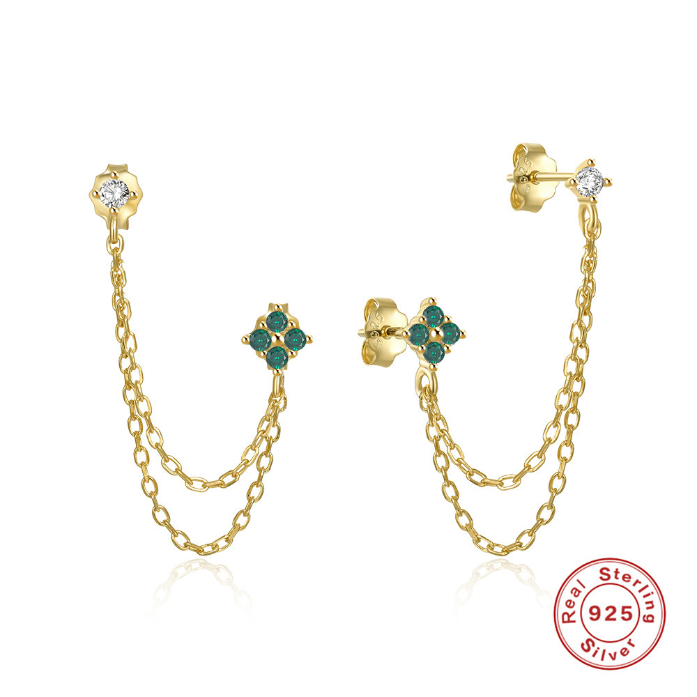 S925 Sterling Silver Chain Tassel Earrings with Zirconia Studs