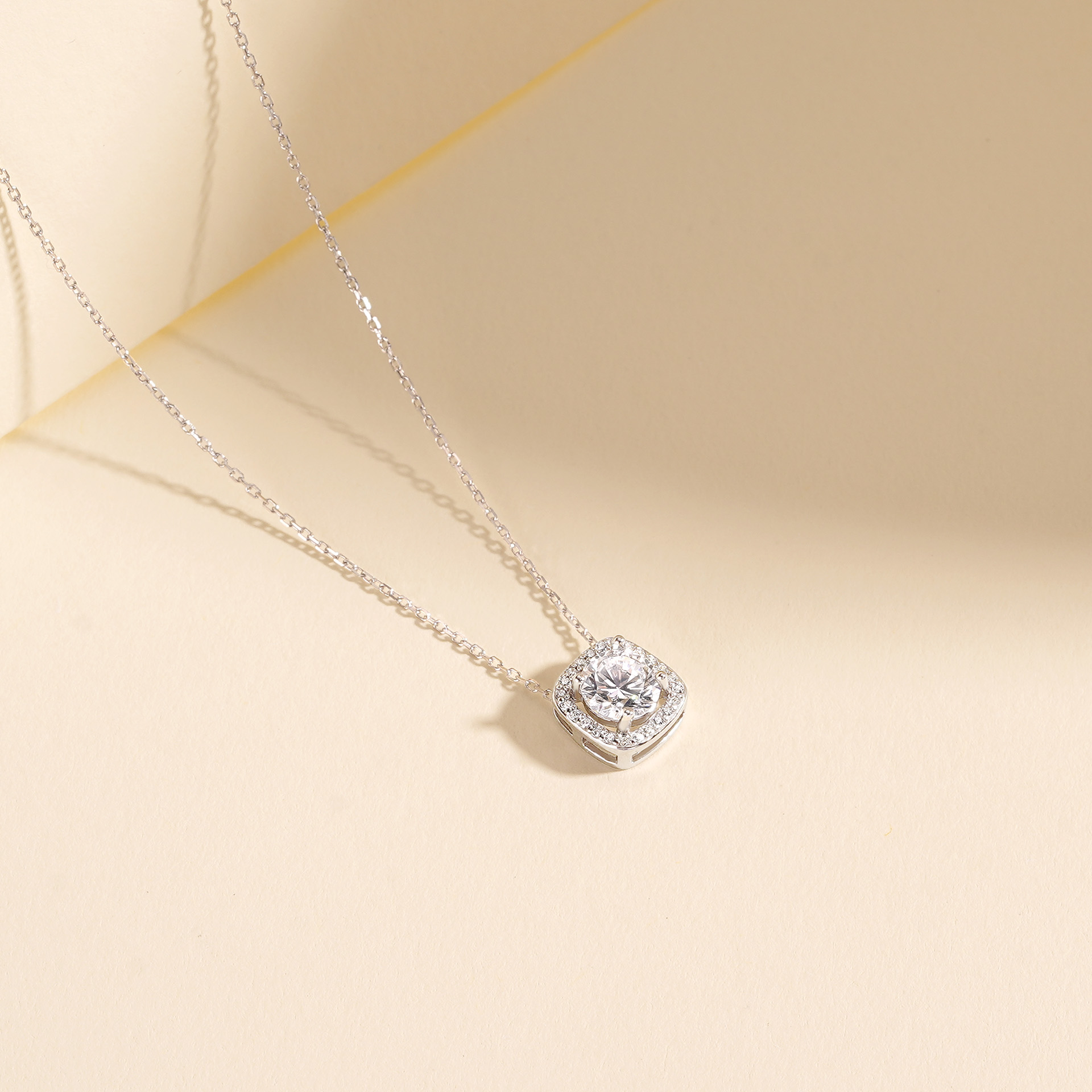 Geometric square zircon 999 pure silver necklace
