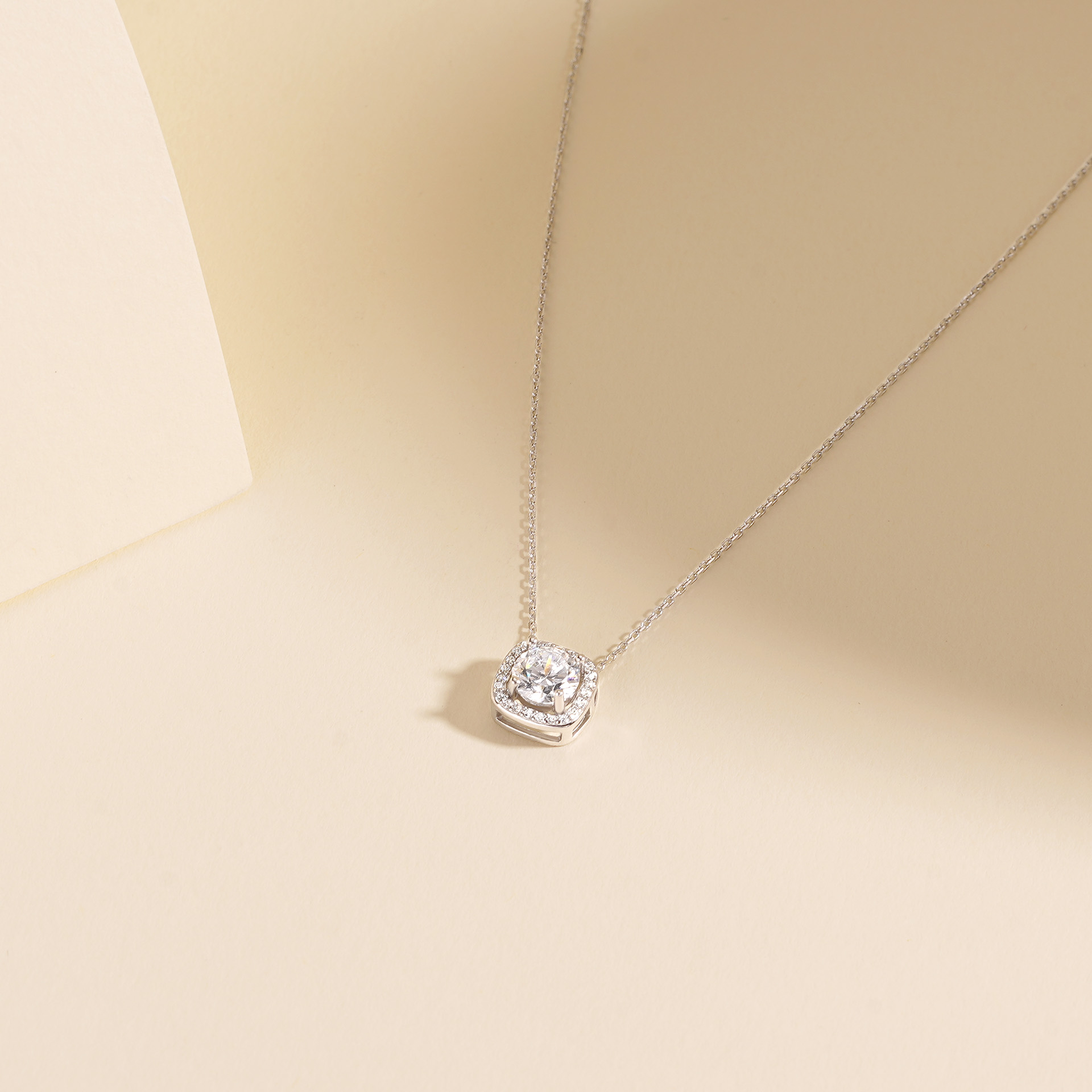 Geometric square zircon 999 pure silver necklace