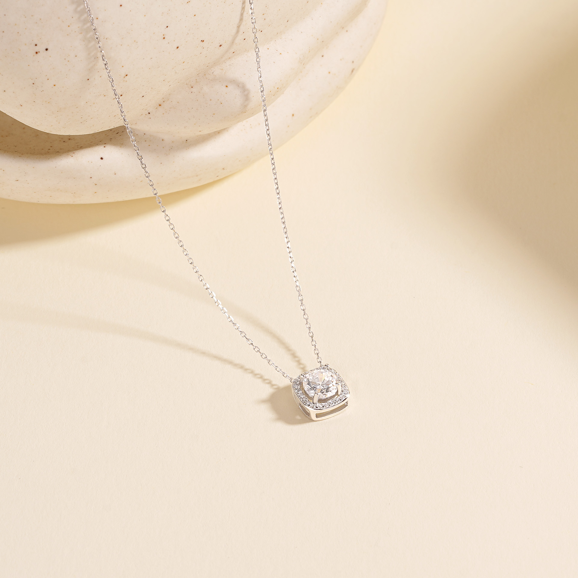 Geometric square zircon 999 pure silver necklace