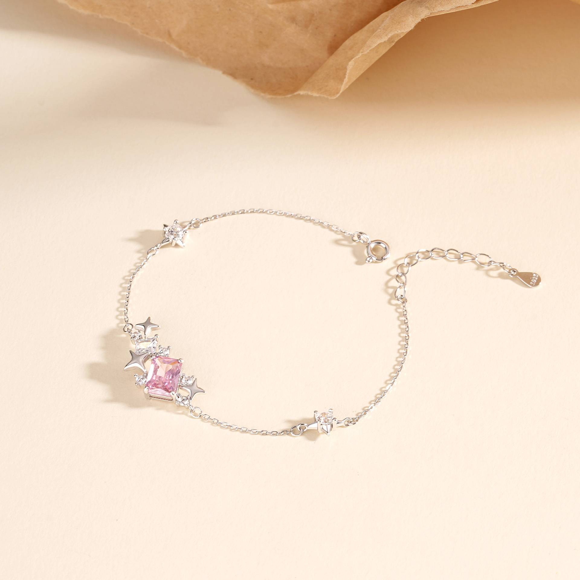 Square zircon 925 sterling silver star bracelet