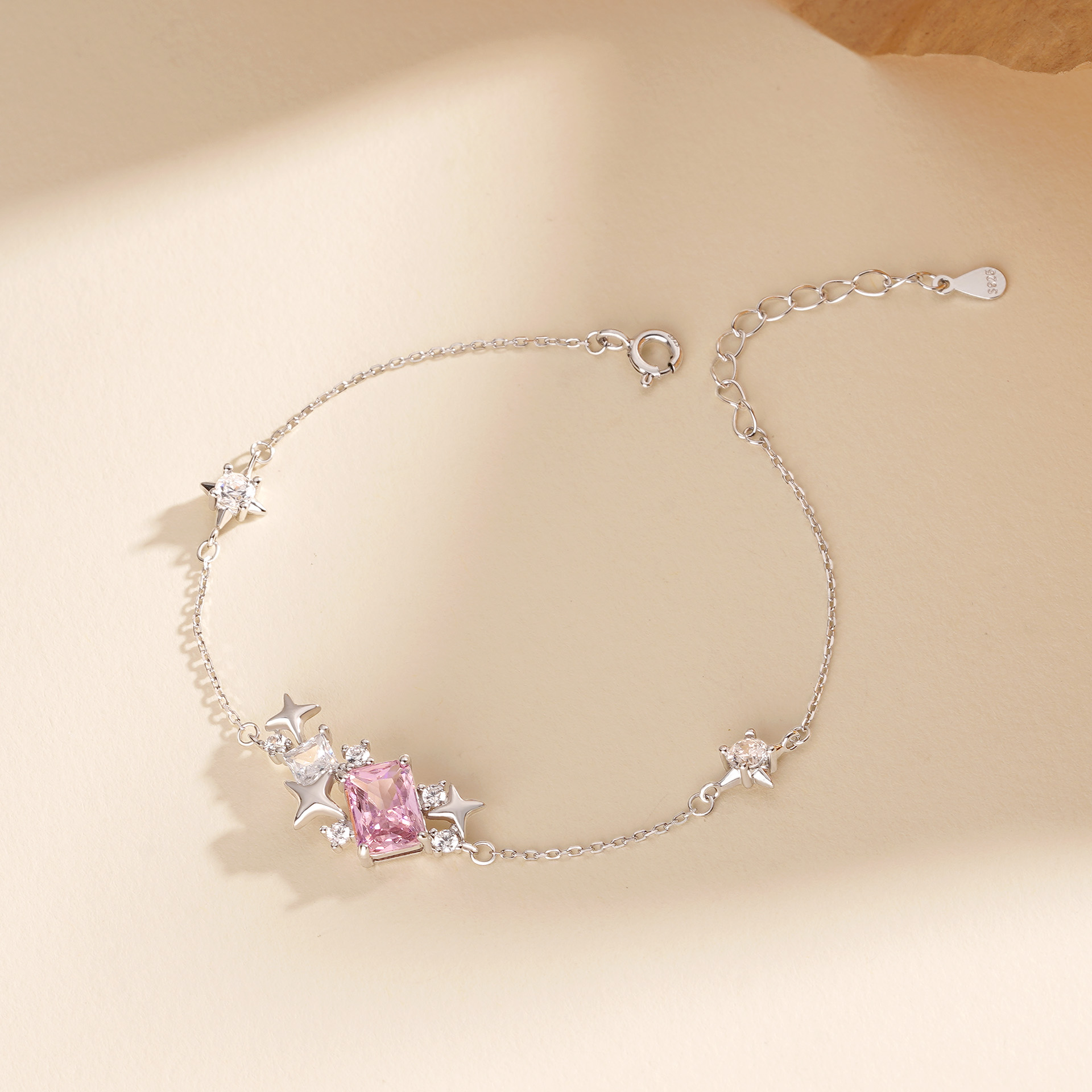Square zircon 925 sterling silver star bracelet