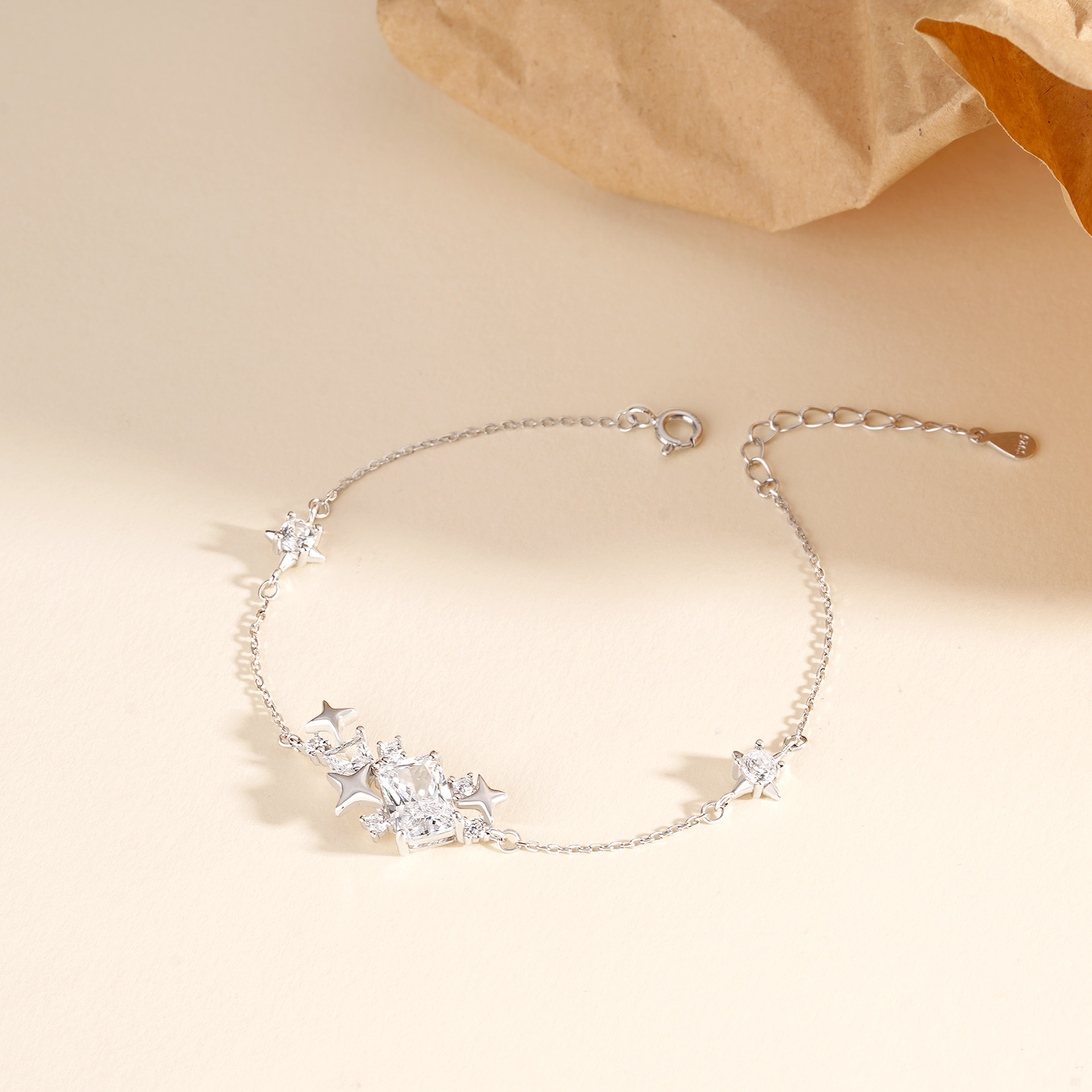 Square zircon 925 sterling silver star bracelet